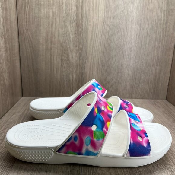 Crocs Classic Solarized Sandals Womens 12 Slip On Slide Colorful Two Strap White - Picture 1 of 9